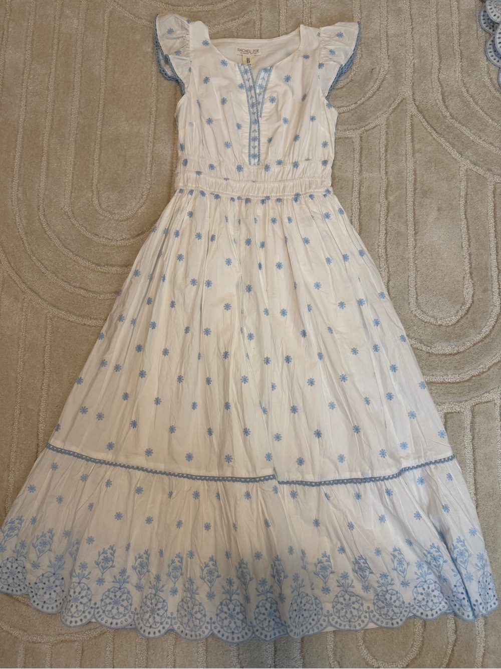 Rachel Zoe White Maxi Dress with Light Blue Embroidery